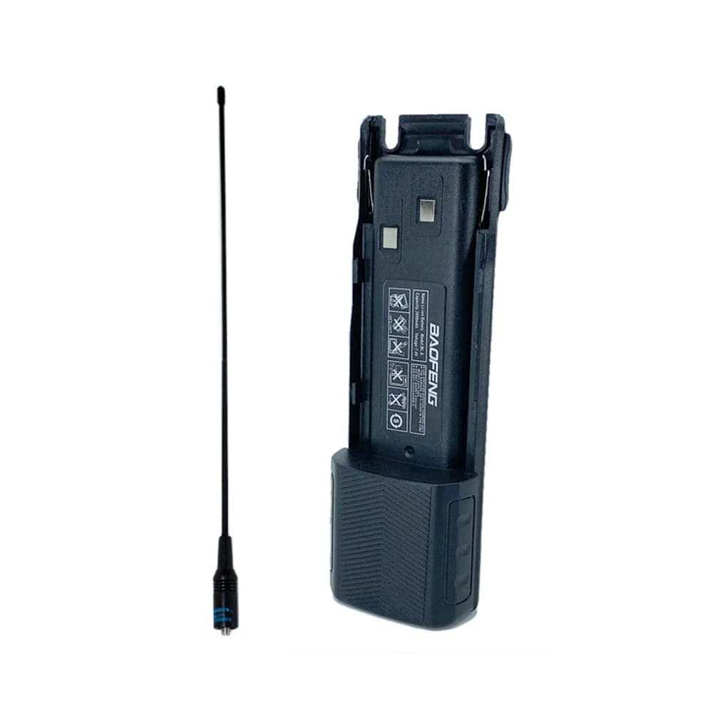 Baofeng UV-82 radio with long antenna and extended 3800mAh battery for improved signal and longer usage