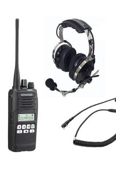 Kenwood Crew Chief Package with VHF radio, headset, and interface cable for race car team communication.