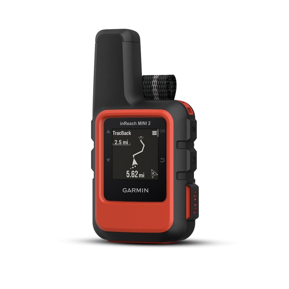 Garmin InReach Mini 2 satellite communicator with global coverage, SOS messaging, TracBack routing, and 14-day battery life alongside USB cable and carabiner