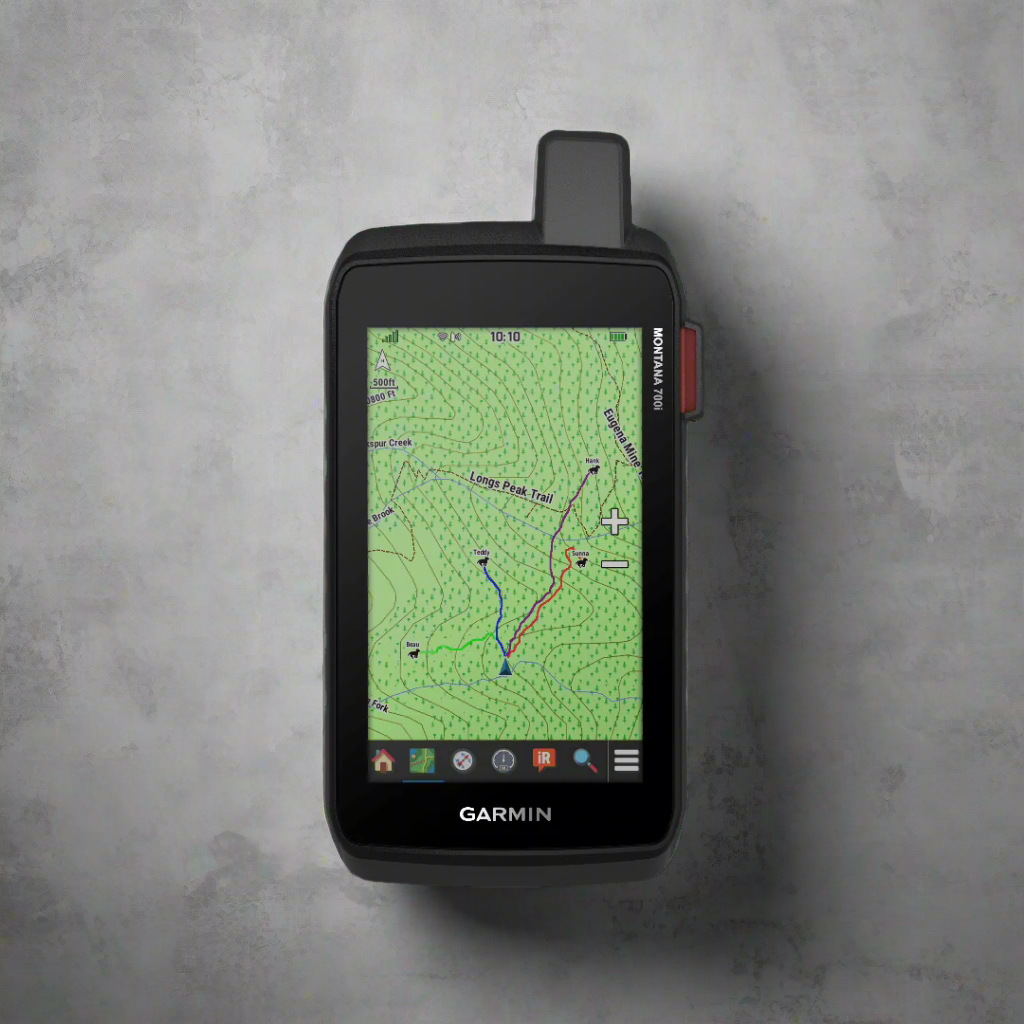 Garmin Montana 700i handheld GPS device showing trail map for outdoor navigation
