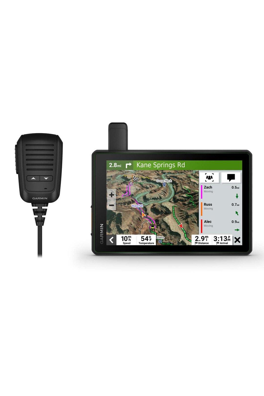 Garmin Tread SXS 8" with MURS Radio push-to-talk mic and group tracking.