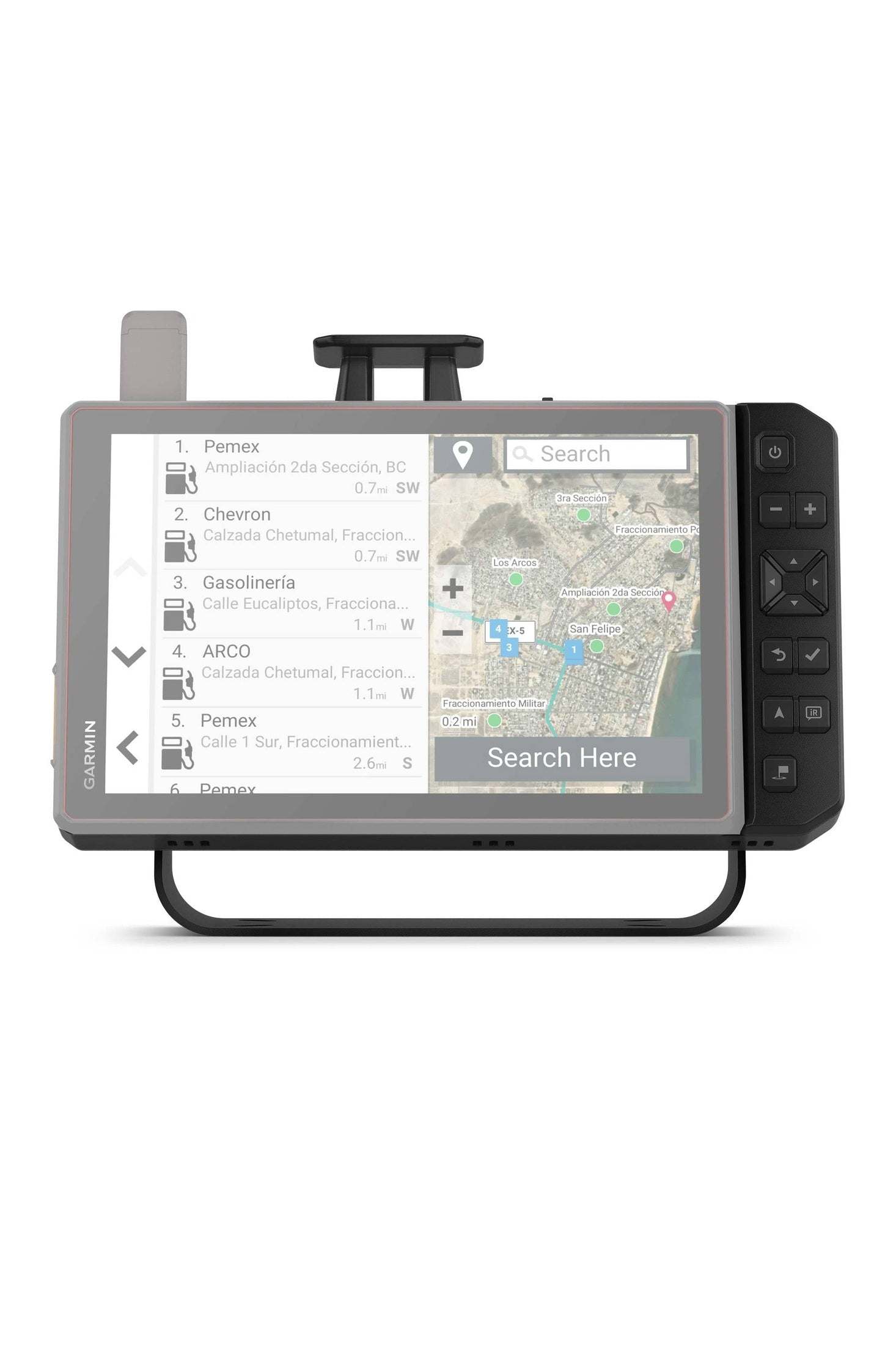 Garmin Tread XL Baja Dock panel mount with buttons for zoom, waypoint, power, and messaging control.