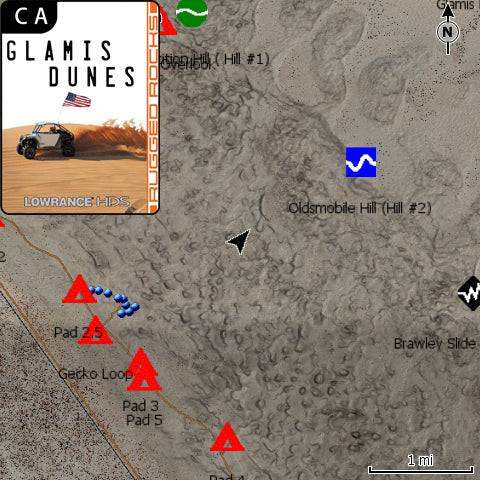 Glamis Lowrance Map satellite imagery of Glamis Dunes with GPS boundaries and landmarks for Lowrance units