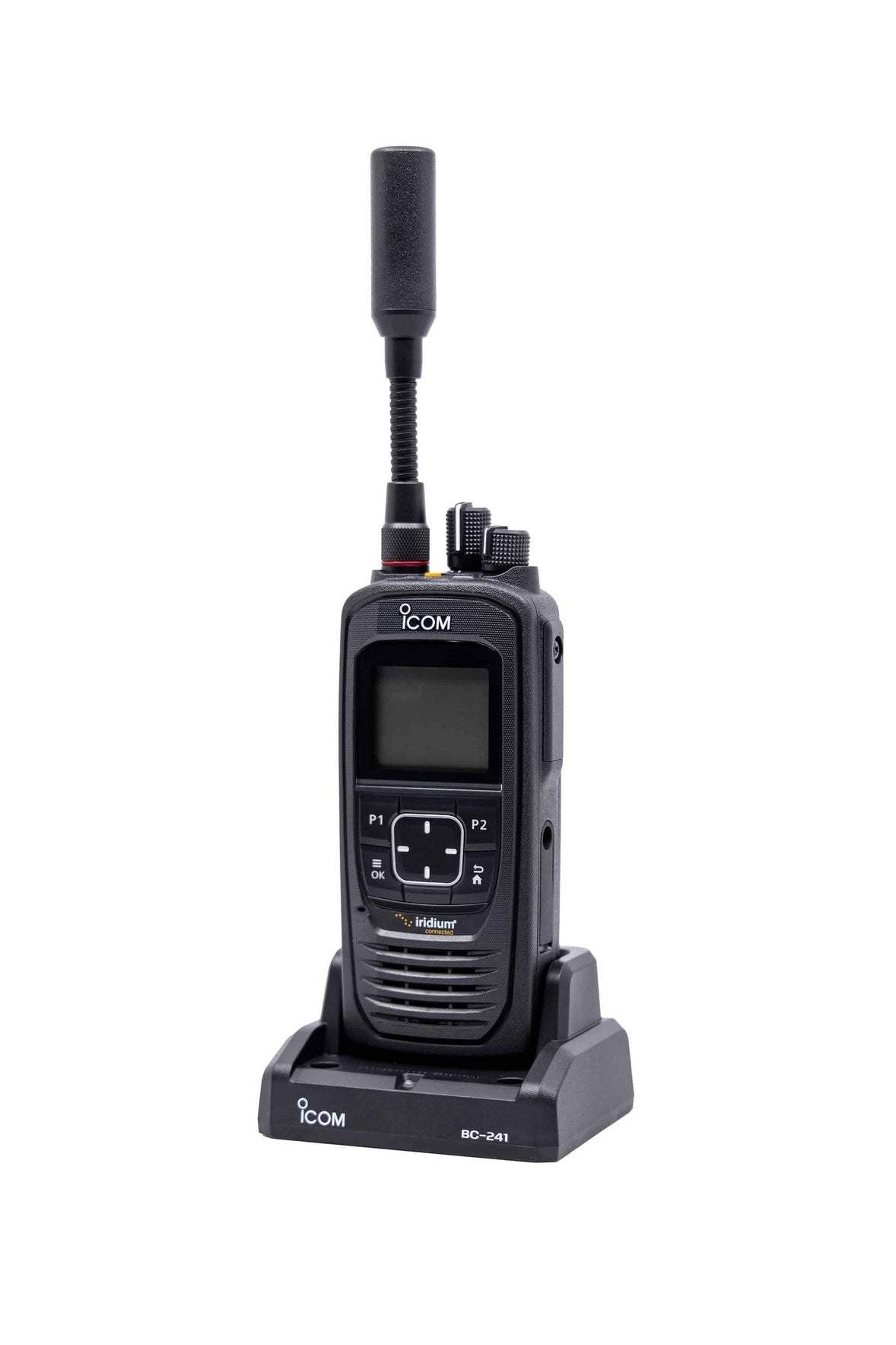Icom SAT100 Handheld Radio in docking station with antenna, features satellite connectivity.