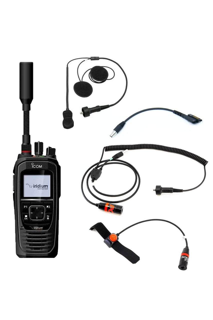 Icom SAT100 Moto Package for enhanced motorcycle communication with satellite radio, harness, helmet wiring, and PTT accessory.