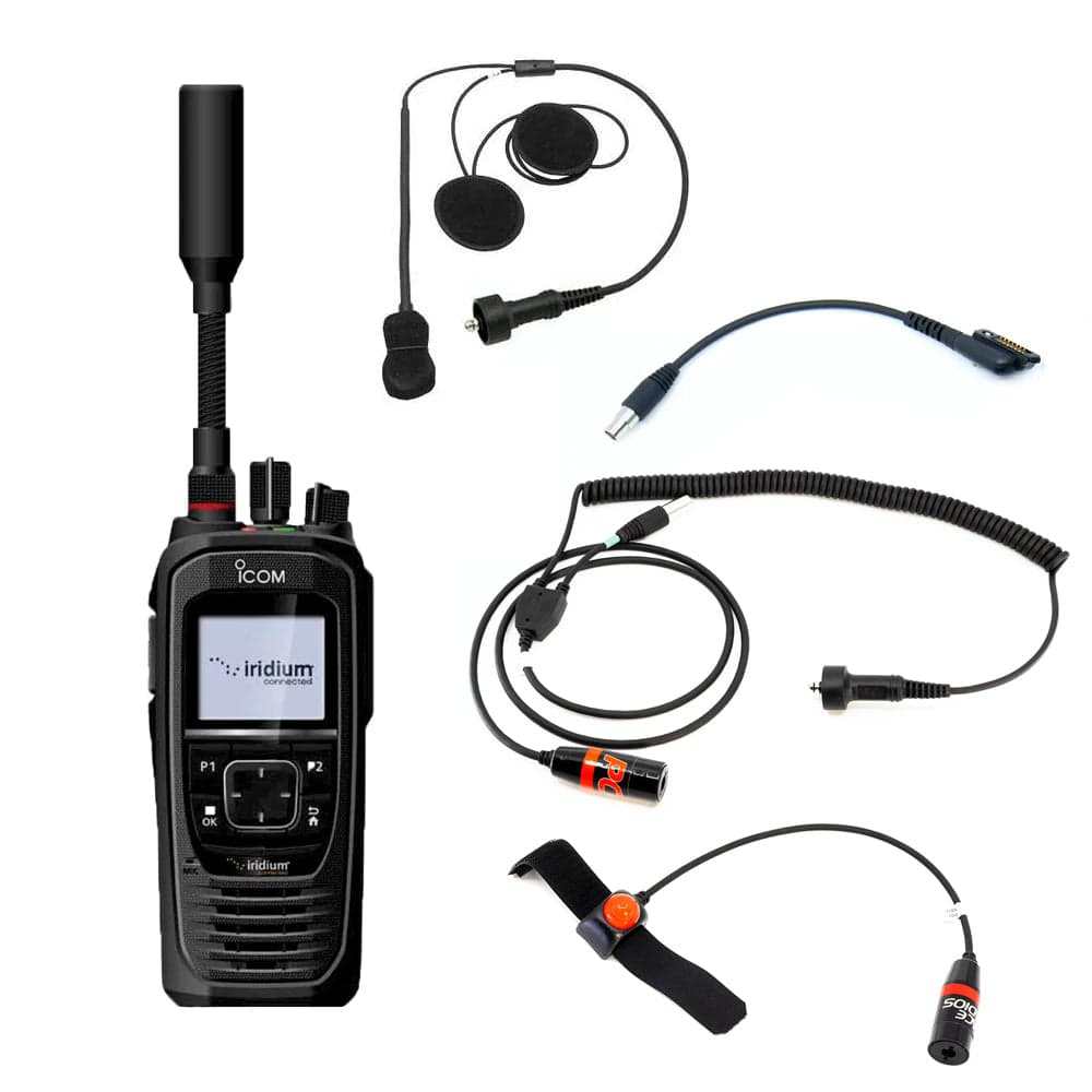 Icom SAT100 motorcycle satellite communication radio with helmet wiring kit and push-to-talk button