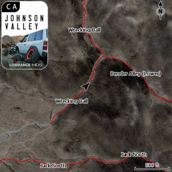 King of the Hammers Lowrance GPS map with satellite imagery and trails in Johnson Valley, California