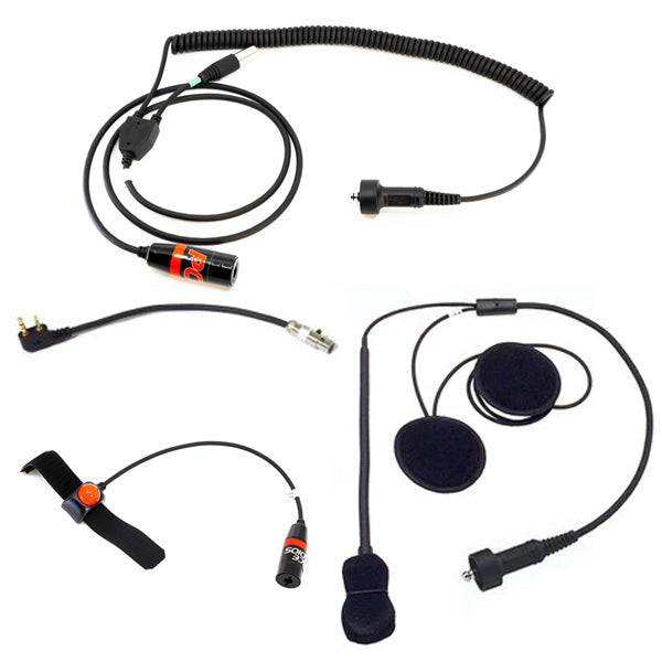 Motorcycle kit with Kenwood and BaoFeng radio wiring, Velcro PTT, and helmet harness for clear communication