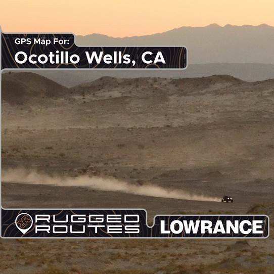 Ocotillo Wells SVRA Lowrance map with aerial imagery, trails, campsites, and OHV boundaries in East County San Diego