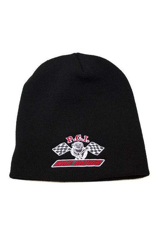 Black PCI Beanie with race communications logo design.
