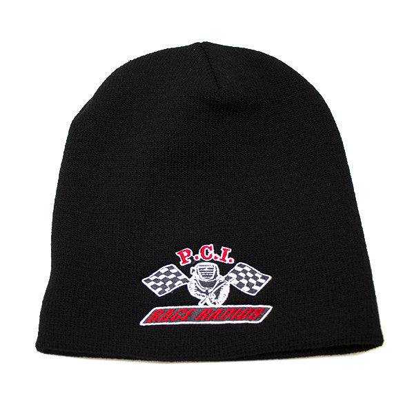Black PCI Beanie with logo for cold weather and race support