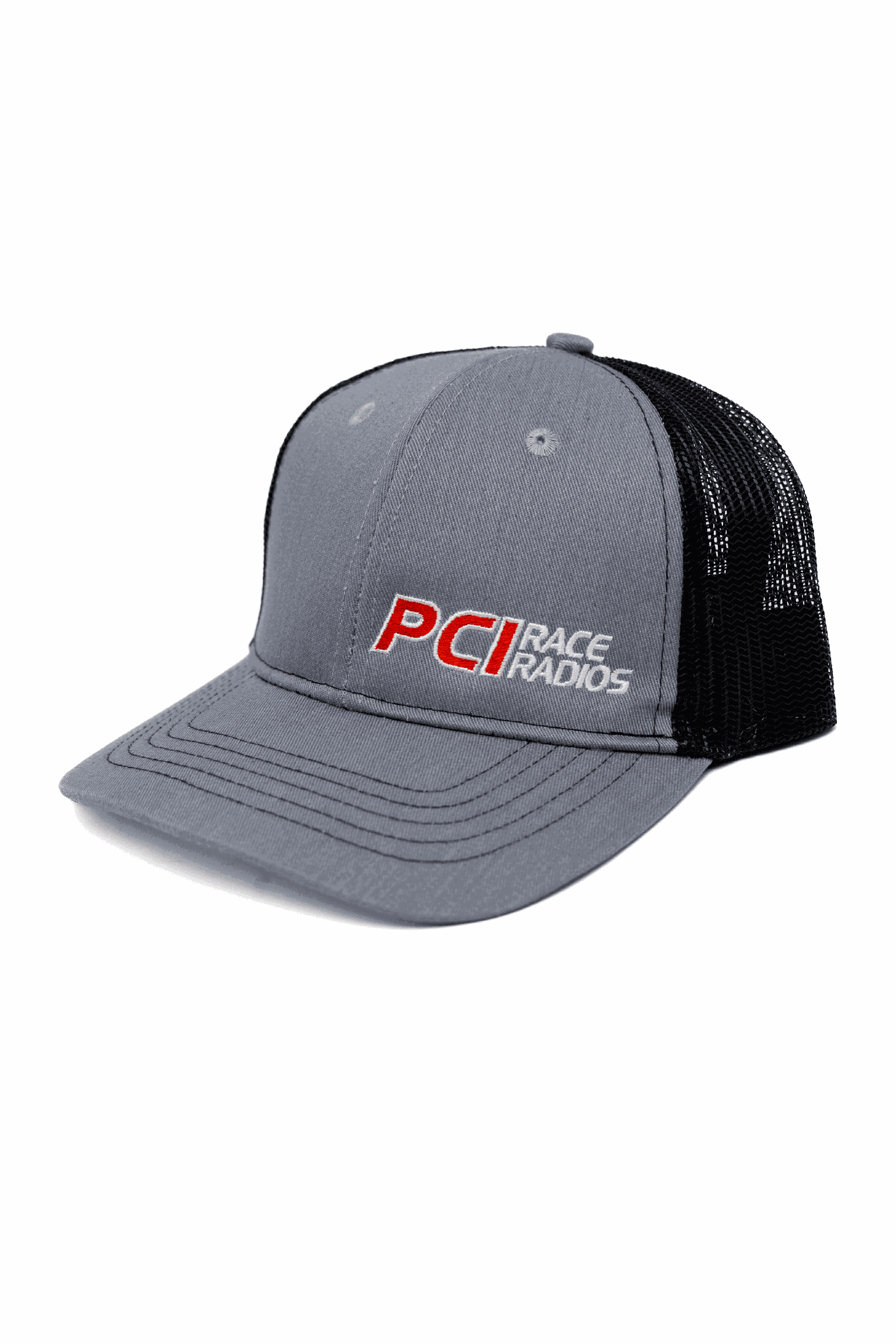 Gray PCI Youth Trucker Hat for youth with black mesh back and red PCI logo