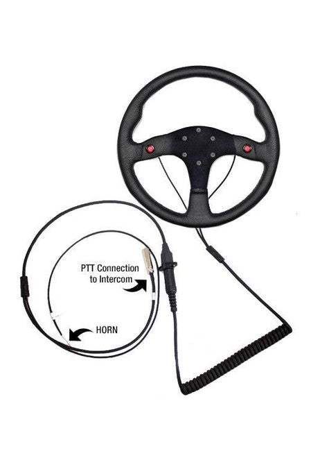 Quick disconnect steering wheel with wires for horn and PTT connection.