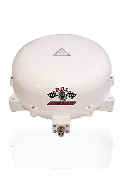 SatComm LS221 Refurb Antenna, white dome shape, labeled with P.C.L racing logo.