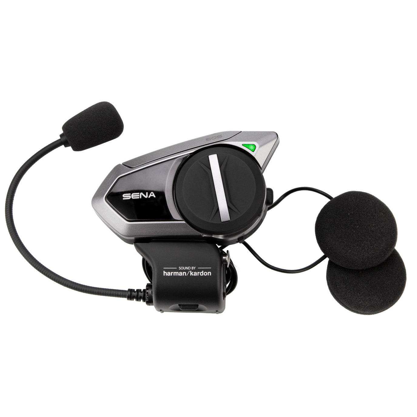 SENA 50S Mesh Headset with Bluetooth and Harman Kardon speakers on motorcycle helmet