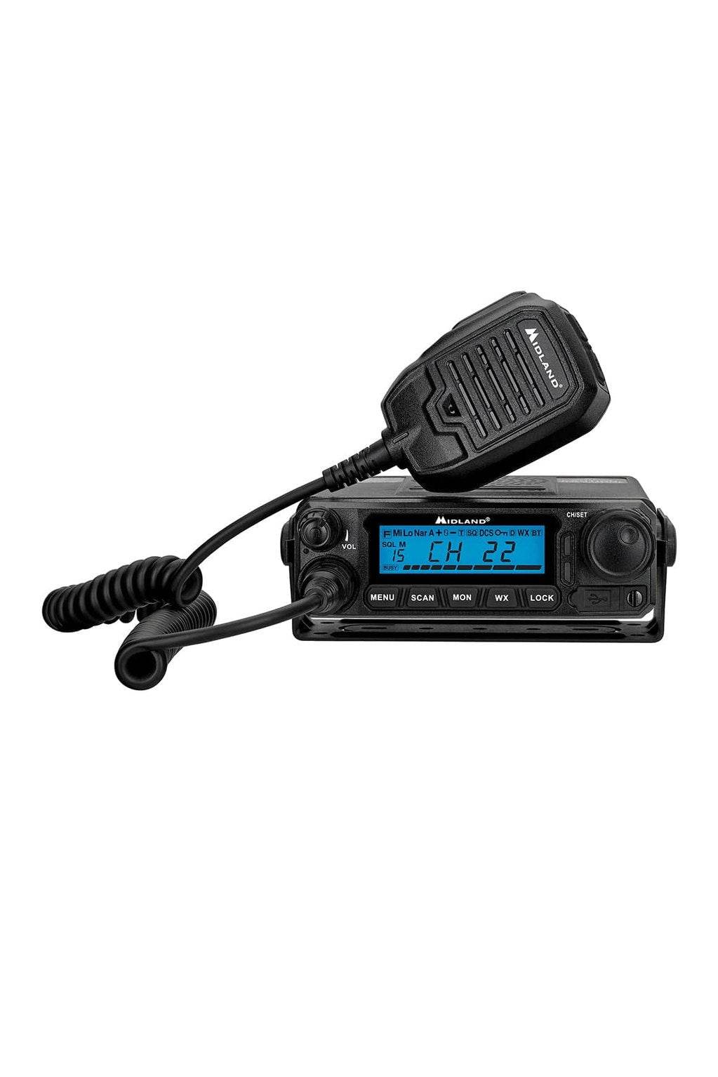 Midland MXT500 Mobile Radio with microphone and backlit display.