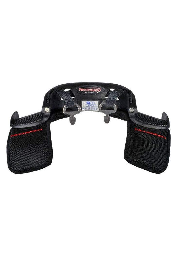 NecksGen REV2 Lite frontal head restraint system with adjustable tether, black design with red accents.