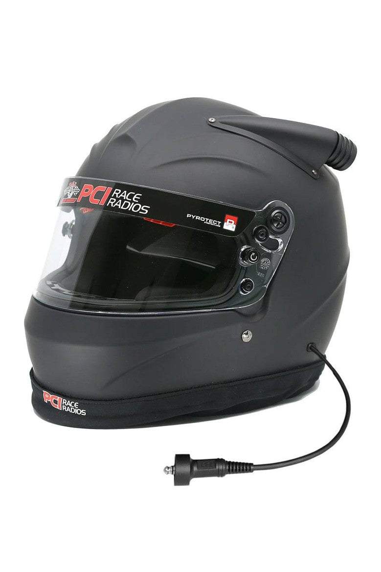 Pyrotect Sportmax DOT Midair Helmet with PCI Race Radios wiring and dust skirt.