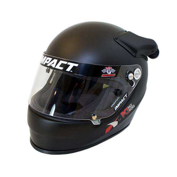 Impact Evo OS20 SA2020 racing helmet in flat black with wide eye port and offset airflow design