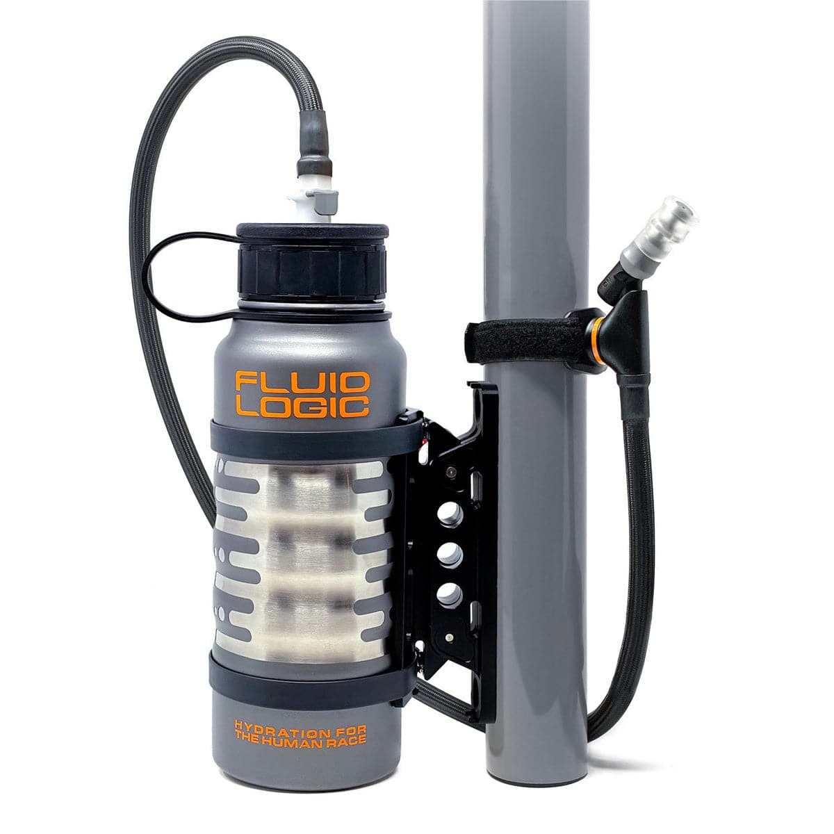 FluidLogic WAVE stainless steel hydration system with magnetic nozzle dock and insulated tubing on bike roll bar