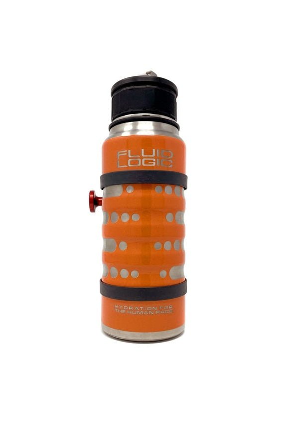 FluidLogic Containment Bottle with roll bar mount, 64 oz capacity, stainless steel, orange design.