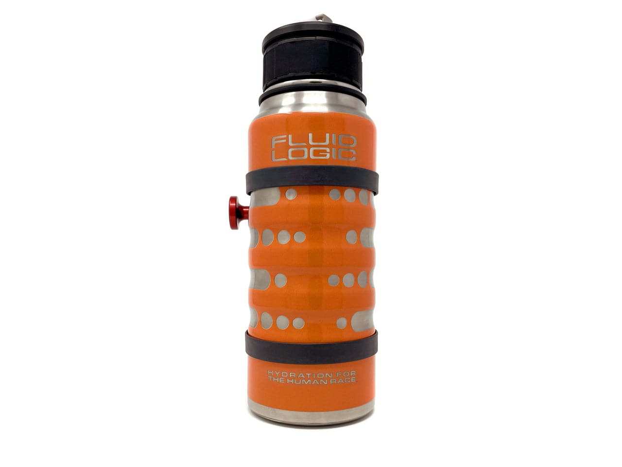FluidLogic Containment Bottle mounted on roll bar with hydration system attached, stainless steel insulated 64oz bottle