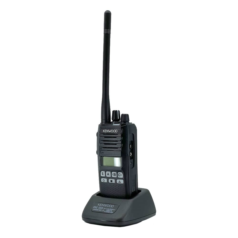 Kenwood NX-1200 VHF Handheld radio with 128 channels, alphanumeric display, and battery level indicator