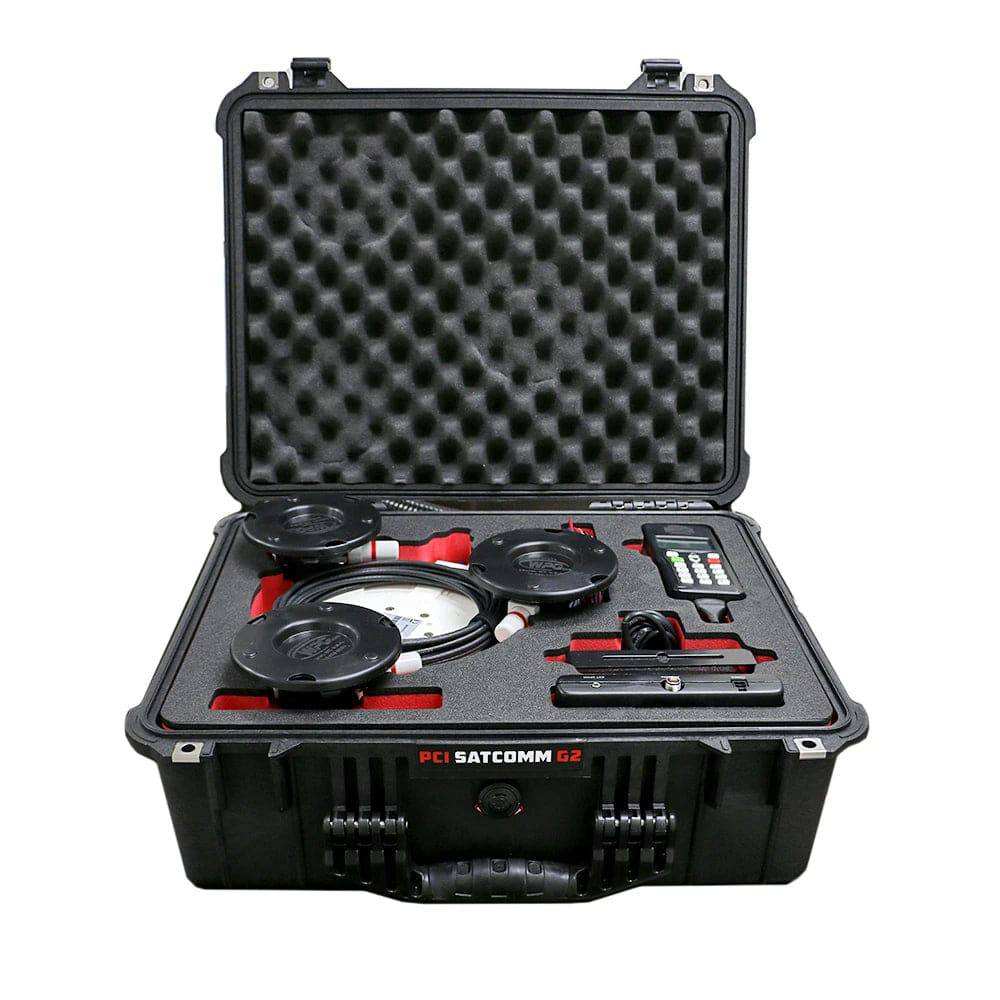 PCI SatComm G2 portable chase radio set with antenna, external speaker, cigar power cable, and custom Pelican case