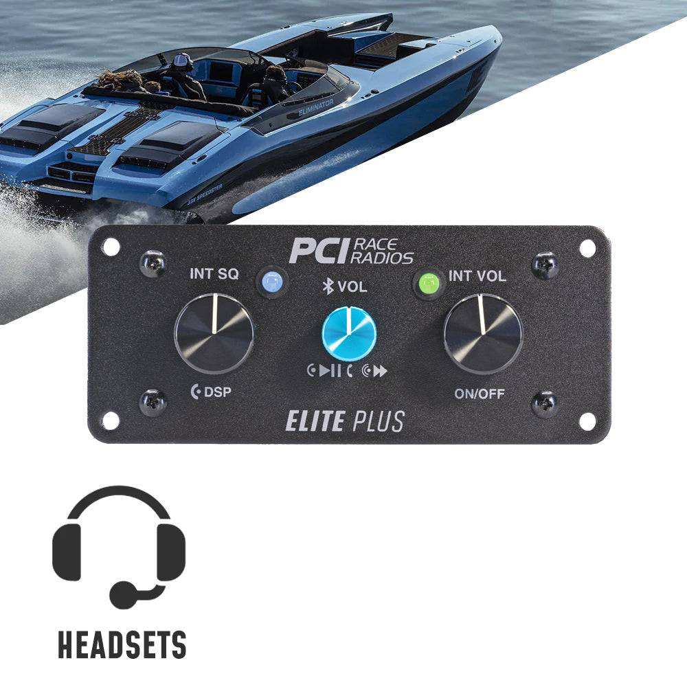 PCI Elite Marine Intercom system components and accessories laid out on a wooden surface