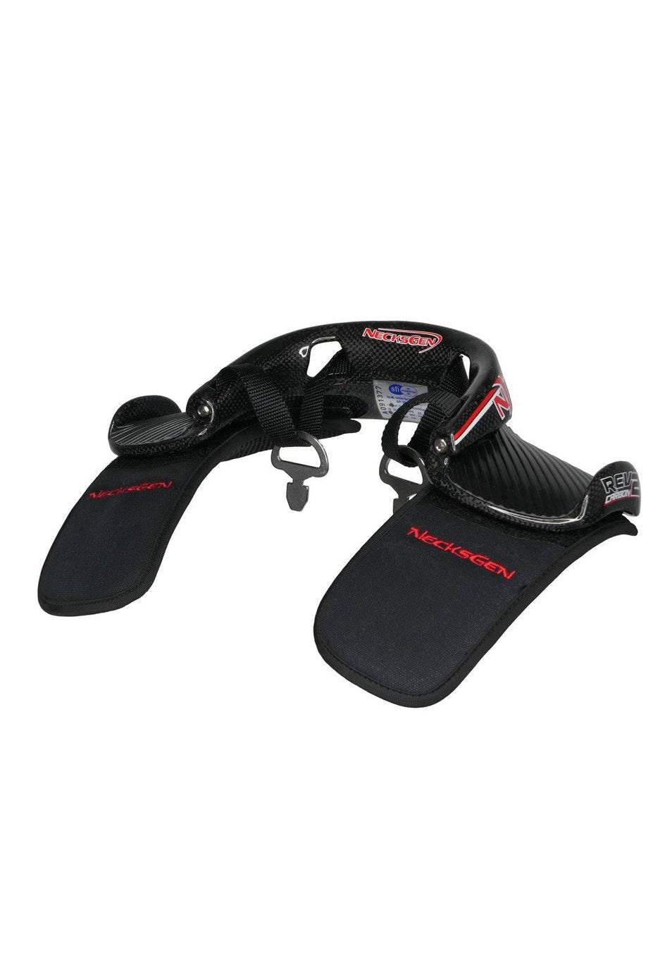 Lightweight NecksGen Rev 2 Carbon head and neck restraint in black carbon fiber, featuring adjustable tethers and comfortable padding.
