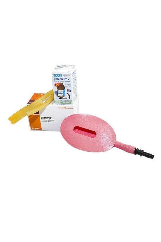 Female external catheter kit with silicone device, adhesive, wipes, and tubing.