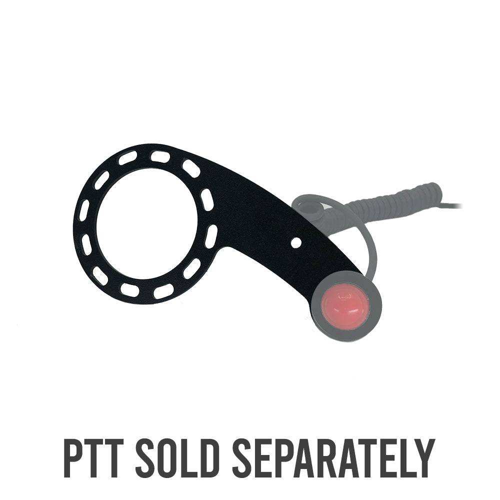 Steering wheel PTT bracket with 6-bolt pattern and strain relief hole for secure wiring and reliable racing communication