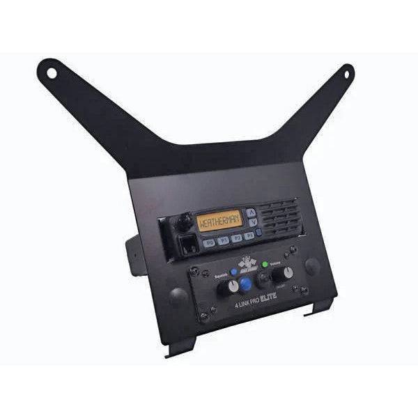 RZR Pull Open Box replacement radio and intercom bracket installed under dashboard in satin black