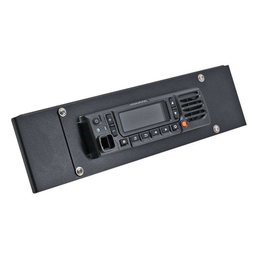 Center console radio mount bracket installed in truck console for seamless radio integration