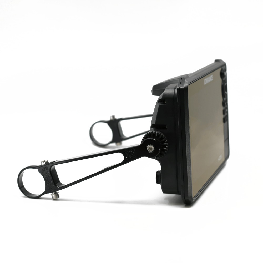 Axia Roll Bar GPS Mount attached to a roll bar showing Billet Axia Arms extending Lowrance HDS for easy access
