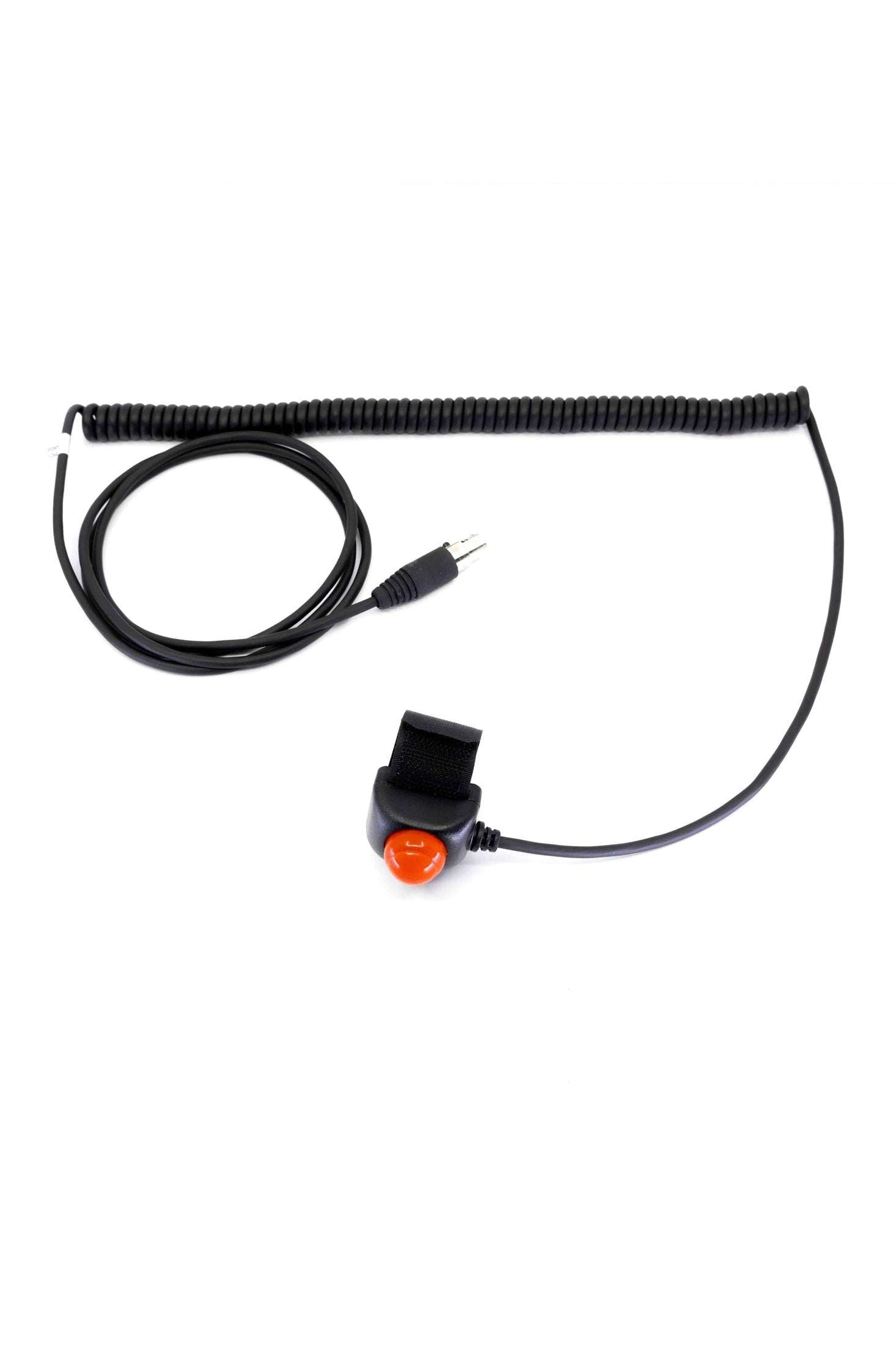 Velcro Mount Female PTT with coil cord and compatible with 4 Link Pro Elite Intercom and Trax Intercom.
