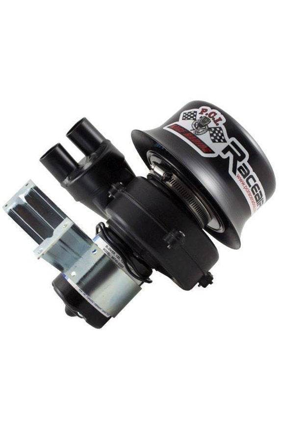 RaceAir Max Stealth Dual black air pump with high volume clean air system for race helmets, featuring heavy-duty motor, universal flex mount, and water-resistant housing.