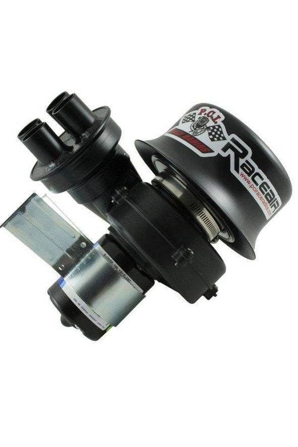 RaceAir Max Stealth Quad air system with mounting bracket and dual outlets for modified helmets.