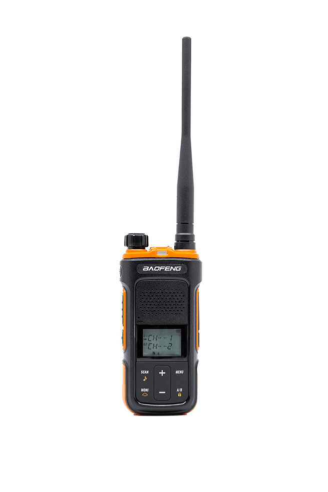 Baofeng UV-11 GMRS handheld radio with dual standby, dual display, 5W output, weather channels, and LED flashlight.