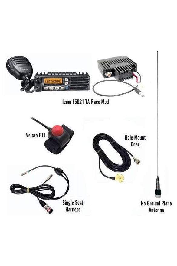 Mobile Radio Single Seat Package components including Icom F5021, Velcro PTT, hole mount coax, single seat harness, and no ground plane antenna.