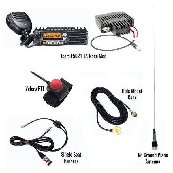 Mobile Radio Single Seat package with Icom F5021 or Kenwood NX-1700, antenna, coax, PTT button, and single seat harness