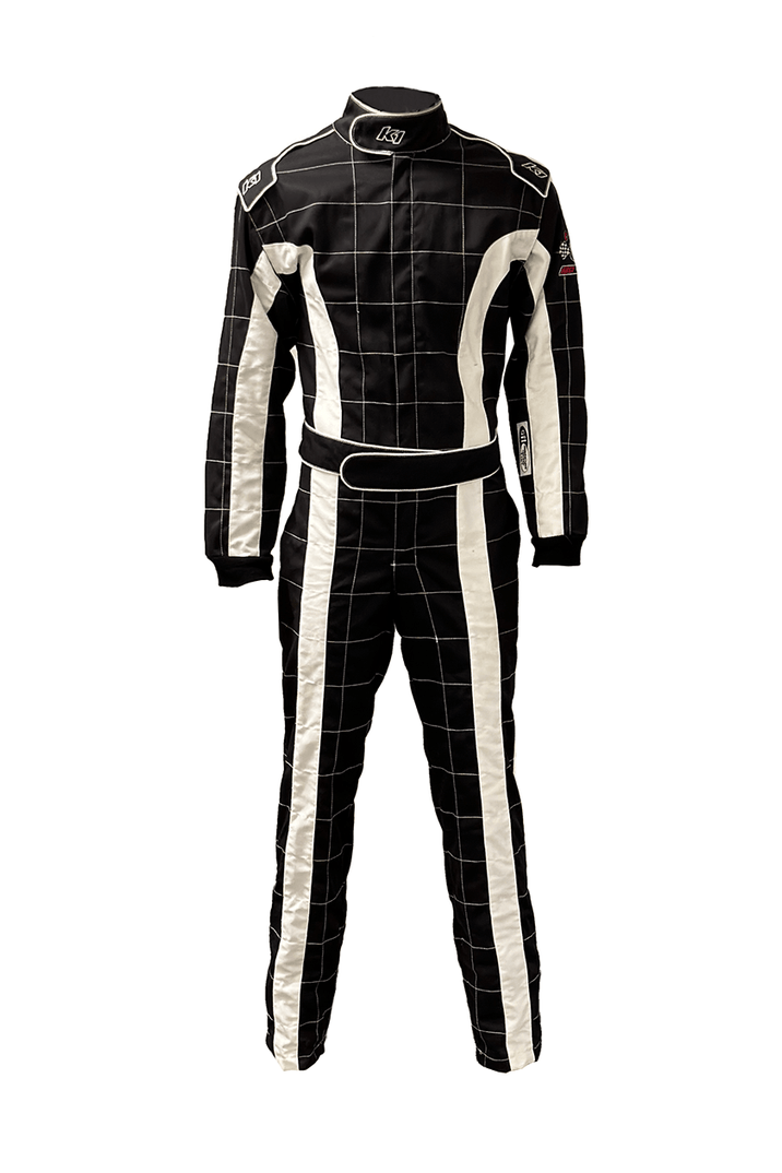 Black and white PCI 1 Layer Driving Suit, SFI 3.2A/1 certified, single-layer Proban cotton construction.