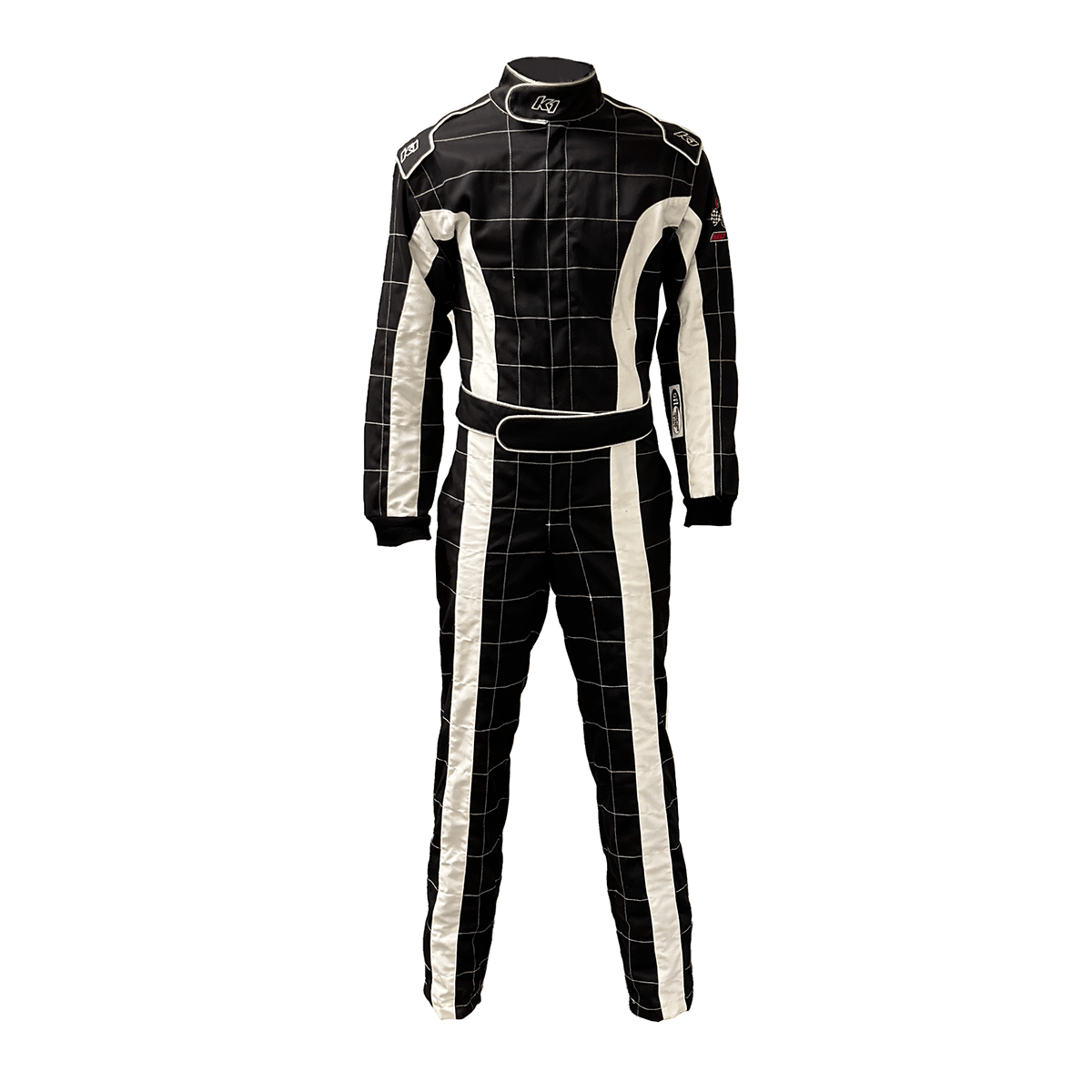 Black and white PCI 1 Layer Driving Suit with SFI 3.2A/1 certification and Velcro closures