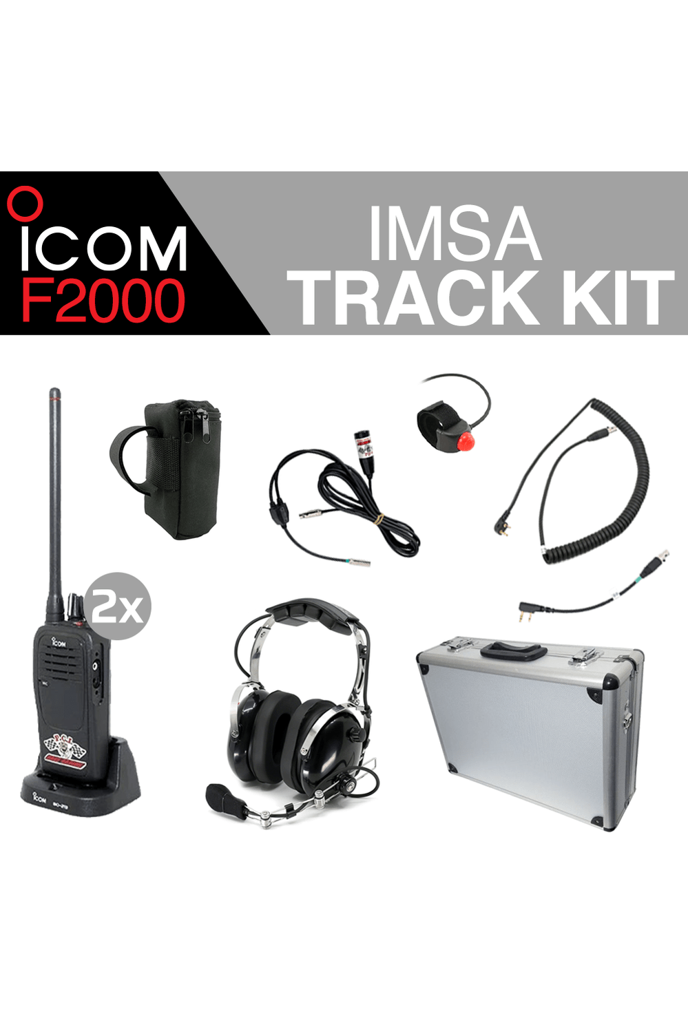 Icom F2000 IMSA Track Kit complete communications package with UHF radios, headset, and accessories for car and spotter.