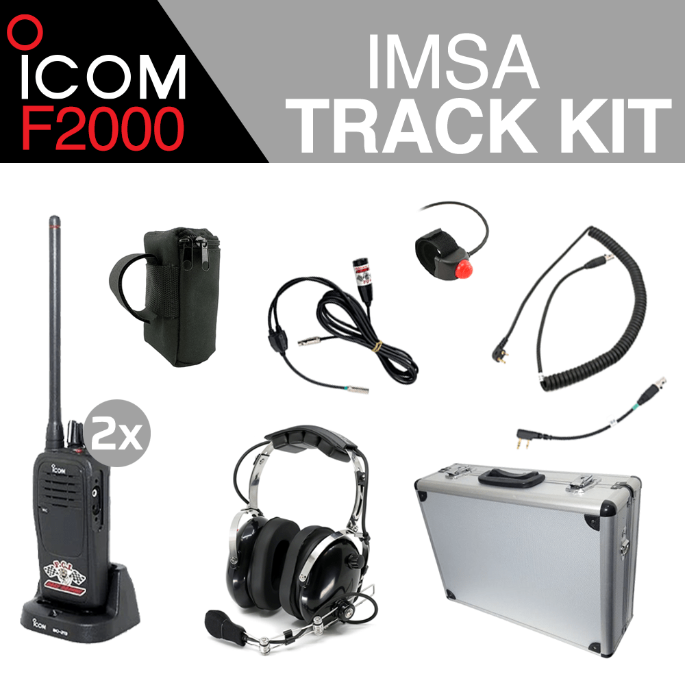 Icom F2000 IMSA Track Kit with two UHF radios, headsets, harness, and carrying case for clear spotter communication