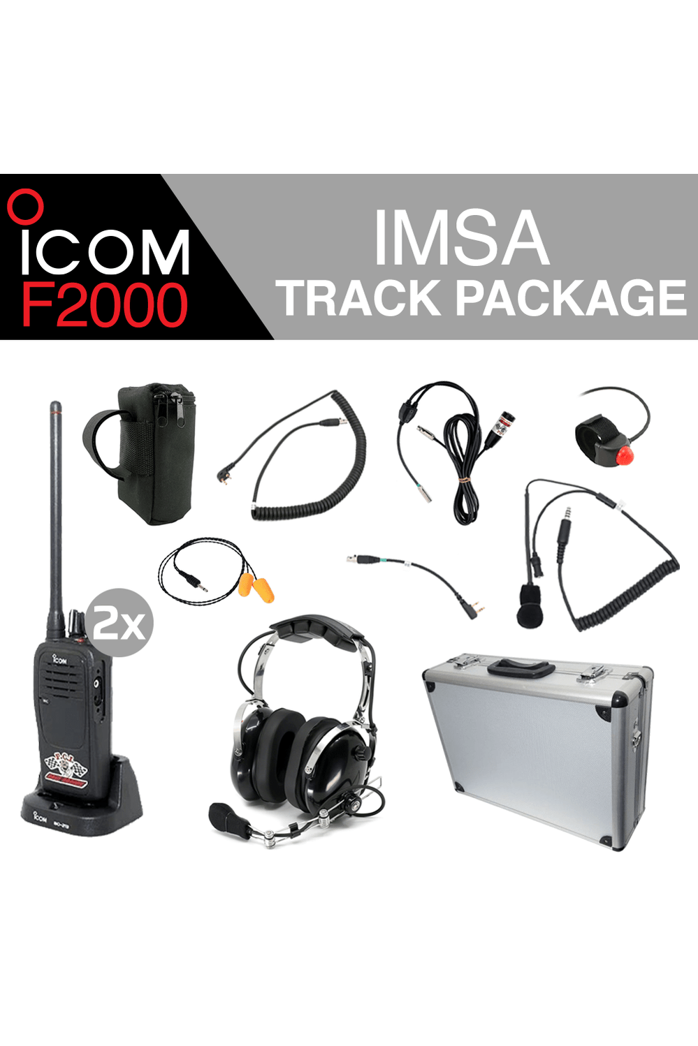 Icom F2000 IMSA Track Package with radios, headset, harness, and carrying case for race communication.