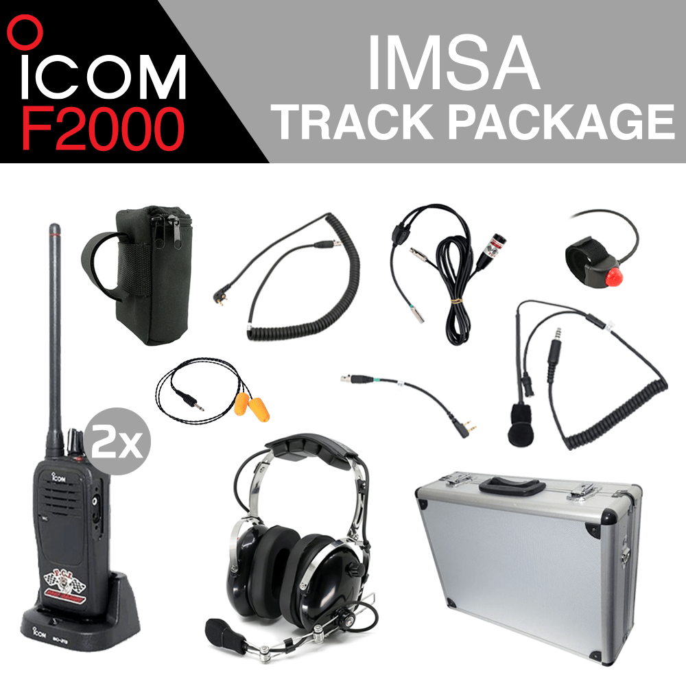 Icom F2000 IMSA Track Package with hand held radios, headset, harness, radio holder, and helmet wiring kit for racing communication