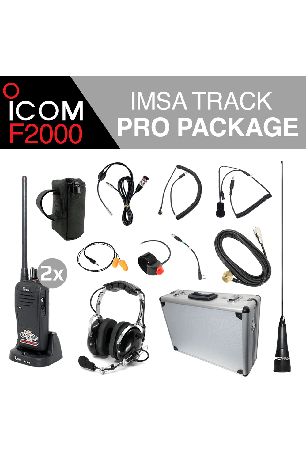 Icom F2000 IMSA Track Pro Package with radios, headset, and accessories for race communication.