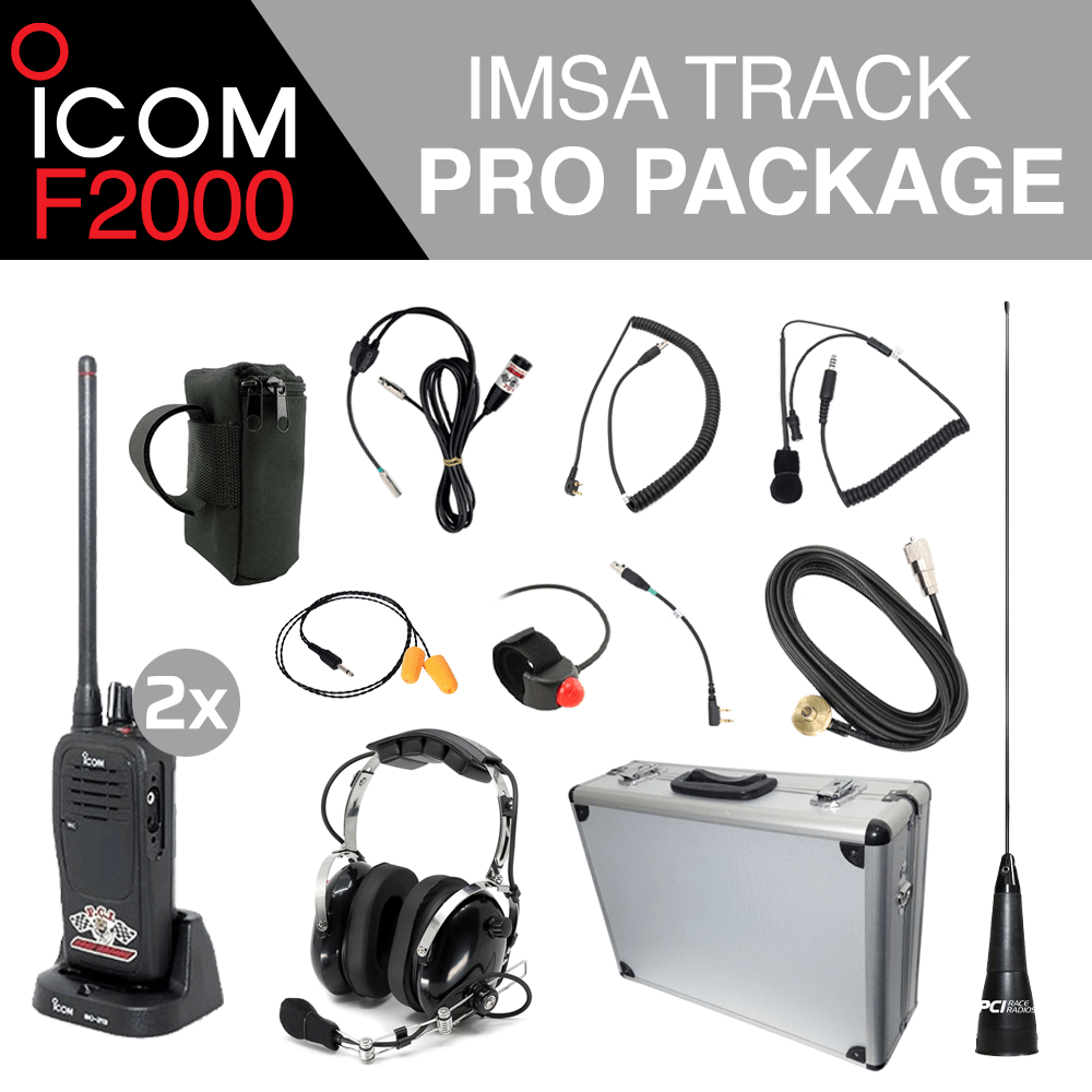 Icom F2000 IMSA Track Pro Package with handheld radios, headsets, antennas, and carrying case for racing communication
