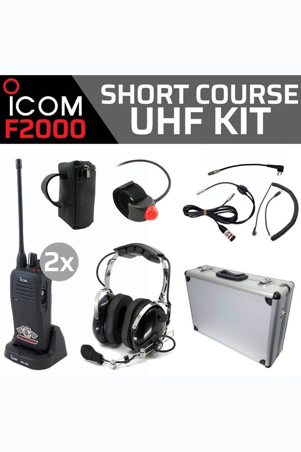 Short Course F2000 UHF radios kit with Icom F2000 radios, headset, harness, and carrying case.